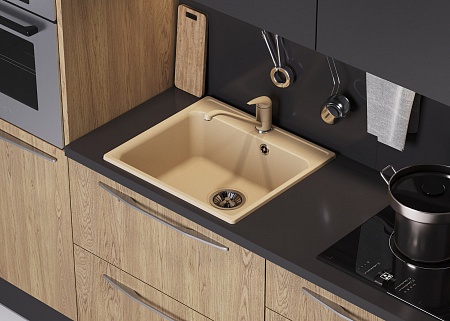 Мойка кухонная Polygran QuartzBond, 53х48 см, врезная, искусственный камень, прямоугольная, цвет саванна, с отверстием под смеситель, слив-перелив, врезная в столещницу