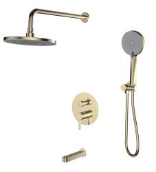 Душевая система Esko Sochi Gold встраиваемая, скрытого монтажа, цвет золото, комплект: однорычажный смеситель/излив/тропический душ (с верхней лейкой)/лейка/держатель лейки/шланг, скрытый монтаж