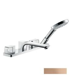 Смеситель для ванны Axor Urquiola на борт ванны, монтаж на плитку, двухвентильный, неповоротный, латунный, длина излива 19,8 см, керамический, цвет: полированное красное золото, с душевым шлангом 110 см/лейкой, на 4 отверстия