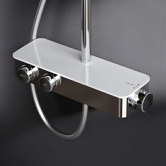 Душевая система AM.PM Inspire 2.0, высота 1030-1460 мм, цвет хром, комплект: термостатический смеситель/тропический душ (с верхней лейкой)/стойка/лейка/шланг, латунь/нержавеющая сталь/пластик