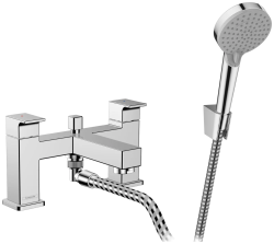 Смеситель для ванны Hansgrohe Vernis Shape на борт ванны двухвентильный, неповоротный, латунный, длина излива 11 см, керамический, цвет хром, с душевым шлангом/переключающим вентилем/лейкой Vernis Blend Vario, на 2 отверстия
