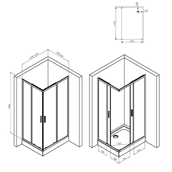 Душевое ограждение Am.Pm Gem S 90x120 см без поддона, универсальное, прозрачное закаленное стекло 5 мм, профиль алюминий, цвет черный матовый, с раздвижной дверью, прямоугольная