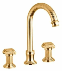 Смеситель для раковины Cezares Olimp, на 3 отверстия, двухвентильный, высокий, длина излива 155 мм, неповоротный, керамический, латунь, цвет золото 24 карат, с донным клапаном