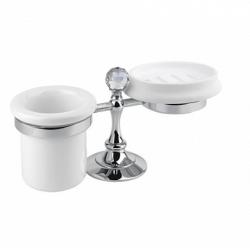 Стакан с мыльницей Cezares OLIMP, настольный, латунь/керамика, форма округлая, для зубных щеток/мыла в ванную/туалет/душевую кабину, цвет хром