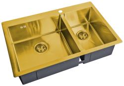 Мойка кухонная ZorG St Hammer SH, 78х51х20 см, две чаши, нержавеющая сталь, прямоугольная, цвет: бронза, с отверстием под смеситель, без крыла, левая/левосторонняя, слив-перелив, врезная