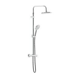 Душевая система Damixa Jupiter, высота 1030-1460 мм, цвет хром, комплект: термостатический смеситель/тропический душ круглый (с верхней лейкой)/стойка/лейка/шланг, латунь/пластик