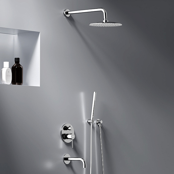 Душевая система Damixa Scandinavian Pure встраиваемая, цвет хром, комплект: смеситель/излив/тропический душ круглый (с верхней лейкой)/лейка/шланг, латунь/ABS-пластик/ПВХ, скрытого монтажа 