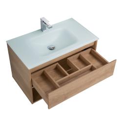 Тумба под раковину BelBagno Kraf 100, 100х46х53 см, подвесная, 1 выкатной ящик/1 открытая полка, ЛДСП, цвет: светлое дерево, шкафчик навесной, механизм доводчика, прямоугольная