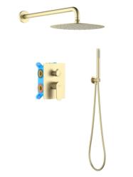 Душевая система Aquatek Оберон 3 в 1 встраиваемая, цвет шлифованное золото, комплект: смеситель/тропический душ (с верхней лейкой)/лейка/шланг, латунь, скрытого монтажа