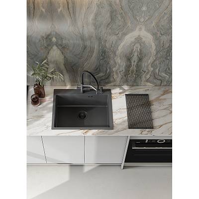 Мойка кухонная Raglo R700.5050.09 цвет графит, 500х500х208 мм нержавеющая сталь, квадратная, с отверстием под смеситель, без крыла, слив-перелив, врезная