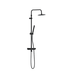 Душевая система Damixa Scandinavian Pure, высота 1050-1450 мм, цвет черный матовый, комплект: термостатический смеситель/излив/тропический душ круглый (с верхней лейкой)/стойка/лейка/шланг, латунь/пластик