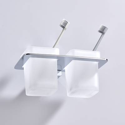 Стакан с держателем Raglo R301.08 двойной, с держателем, настенный, нержавеющая сталь/стекло, для зубных щеток в ванную/туалет/душевую кабину, цвет хром