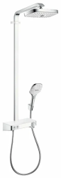 Душевая система Hansgrohe Raindance Select E Showerpipe 300 2jet, высота 110 см, цвет хром/белый, комплект: верхний душ/ручной душ/термостат для душа/штанга для душа/держатель для душа, наружного монтажа, настенная, латунная, с термостатом, для душа/
