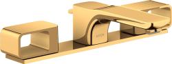 Смеситель для раковины Axor Urquiola 50 на 3 отверстия, двухвентильный, фиксированный излив, длина 14,1 см, керамический, латунь, цвет полированное золото, со сливным гарнитуром