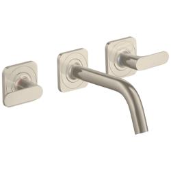 Смеситель для раковины Axor Citterio M, на 3 отверстия, двухвентильный, с рычаговыми рукоятками, скрытого монтажа, настенный, фиксированный излив, длина 16,6 см, керамический, латунь, цвет шлифованный никель, незапираемый сливной набор