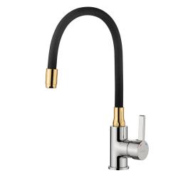 Смеситель для кухни/мойки LEDEME L4898-10 однорычажный, поворотный, керамический, гибкий излив, латунь, цвет черный/хром/золото