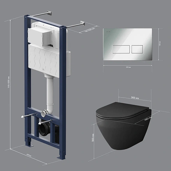 Комплект унитаза с инсталляцией AM.PM Spirit V2.0 черный, c сиденьем микролифт, с пневматической клавишей, цвет хром (кнопкой, клавишей двойного смыва), система для подвесного унитаза, со скрытым смывным бачком (бак), с подвесным унитазом