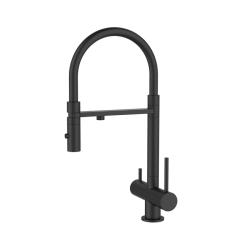 Смеситель для кухни/мойки IDDIS Ace, с каналом для фильтрованной воды, однорычажный, поворотный, керамический картридж, гибкий излив, длина излива 200 мм, латунь, цвет черный матовый