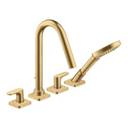 Смеситель для ванны Axor Citterio M двухвентильный, с рычаговыми рукоятками, монтаж на плитку, скрытый, неповоротный, длина излива 19 см, латунь, цвет шлифованное золото, с душевым шлангом/лейкой, на 4 отверстия, для 2-х потребителей