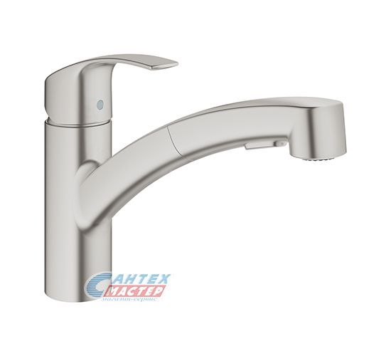Смеситель для кухни/мойки Grohe Eurosmart однорычажный, керамический, с поворотным выдвижным изливом, длина 226 мм, латунь, цвет суперсталь, кухонный, хромированный, вертикальный, однорукий, одноручный, однозахватный, одноручковые, кран, комплект