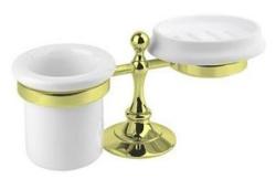 Стакан с мыльницей Cezares OLIMP, настольный, латунь/керамика, форма округлая, для зубных щеток/мыла в ванную/туалет/душевую кабину, цвет золото 24 карат