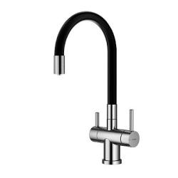 Смеситель для кухни/мойки Splenka S70.64.05 с подключением фильтра, однорычажный, поворотный/гибкий, керамический, излив 216 мм, высота излива 308 мм нержавеющая сталь/силикон, цвет сатин/черный