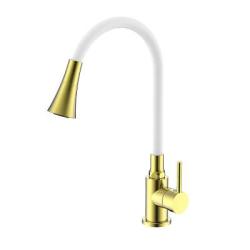 Смеситель для кухни/мойки Splenka S201.4308.03 однорычажный, поворотный/гибкий излив, керамический, высота 235 мм, длина 214 мм, нержавеющая сталь/силикон, цвет золотой сатин/белый
