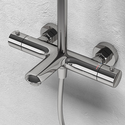 Душевая система Abelsberg Perfecta с термостатом, высота 900−1300 мм цвет глянцевый хром, комплект: смеситель/излив/тропический душ прямоугольный (с верхней лейкой)/лейка/стойка/шланг, латунь/ABS-пластик