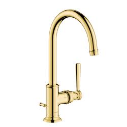 Смеситель для раковины Axor Montreux 210, однорычажный, с рычаговой рукояткой, поворотный излив, длина излива 17,5 см, керамический, латунь, цвет полированное золото, со сливным гарнитуром