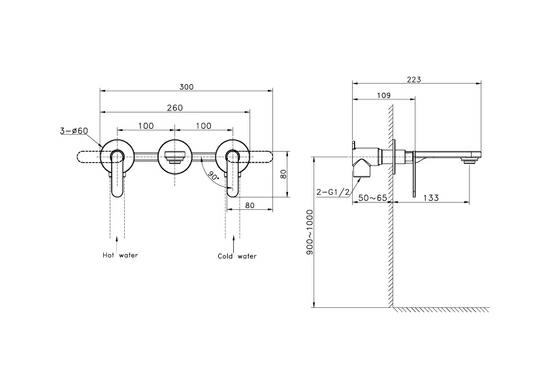 Смеситель для раковины/умывальника Cersanit Oliva встраиваемый/настенный, двухрычажный, неповоротный, латунь, длина излива 150 мм, цвет черный