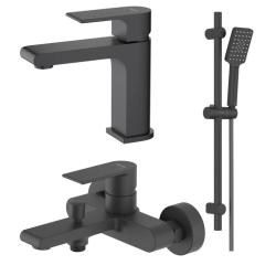Комплект смесителей Aquatek Лира 3 в 1 черный матовый, смеситель для ванны, раковины, душевой гарнитур, однорычажный, латунь/нержавеющая сталь
