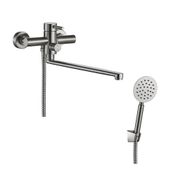 Смеситель для ванны/душа Olives AKERO AK11221 однорычажный, керамический картридж, настенный, излив поворотный 325 мм, цвет нержавеющая сталь