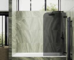 Душевая шторка на ванну MaybahGlass, 140х70,5 см, графитовое матовое стекло/профиль черный, поворотная, закаленное стекло 6 мм, плоская/панель, правая/левая, правосторонняя/левосторонняя, универсальная