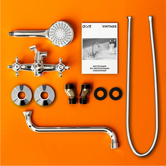 Смеситель для ванны/душа Dorff Vintage двухвентильный, керамический, настенный, излив поворотный 350 мм, с гибким шлангом/лейкой, латунь хром