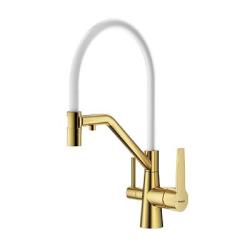 Смеситель для кухни/мойки Raglo R80.62.03 однорычажный, поворотный, керамический картридж, с подключением фильтра, гибкий излив, длина излива 225 мм, латунь/силикон, цвет золотой сатин/белый