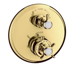 Смеситель для душа Axor Montreux Ecostat E, с запорным/переключающим вентилем, термостатический, с крестообразной рукояткой, скрытого/настенного монтажа, без излива/шланга/лейки, круглый, латунный, цвет полированное золото, с термостатом