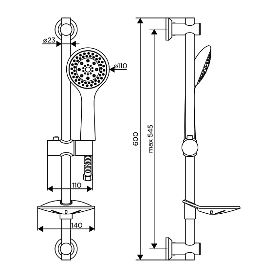 Душевой гарнитур Dorff Norma высота 600 мм, цвет хром, без смесителя, комплект: стойка/лейка/шланг/мыльница, настенная, нержавеющая сталь/пластик
