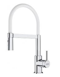 Смеситель для кухни/мойки Franke Lina Semi-pro, однорычажный, поворотный, керамический картридж, высокий, гибкий шланг с функцией душа, длина излива 205 мм, латунь, цвет хром/белый