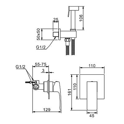 Смеситель с гигиеническим душем Raglo R03.53 встраиваемый, однорычажный, керамический, без излива, с гибким шлангом/лейкой, латунь, цвет хром