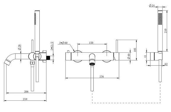 Смеситель для ванны/душа Knotlor Eclipse, однорычажный, настенный, керамический, неповоротный, длина излива 206 мм, нержавеющая сталь, цвет матовая сталь