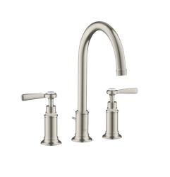 Смеситель для раковины Axor Montreux 180, на 3 отверстия, двухвентильный, с рычаговыми рукоятками, поворотный излив, длина излива 17,5 см, керамический, латунь, цвет под сталь, со сливным гарнитуром