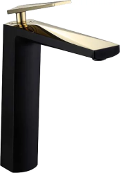 Смеситель для раковины/умывальника Boheme Venturo, однорычажный, неповоротный, керамический, высокий, длина излива 192 мм, латунь, цвет черный/золото