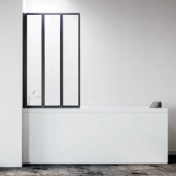 Душевая шторка на ванну Veconi Palau PL-73BL, 120х150 см, прозрачное стекло/профиль черный, складная, плоская/панель, левая, левосторонняя