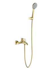 Смеситель для ванны/душа Aquatek Европа однорычажный, керамический, настенный, излив фиксированный 196 мм, с гибким шлангом, душем/лейкой, латунь, цвет шлифованное золото