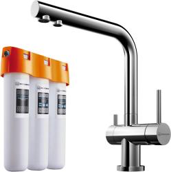 Комплект: смеситель для кухни Omoikiri Nagano-C + фильтр Pure drop Lite для очистки воды трехступенчатый, смеситель однорычажный, поворотный, керамический, длина излива 206 мм, латунь, цвет хром