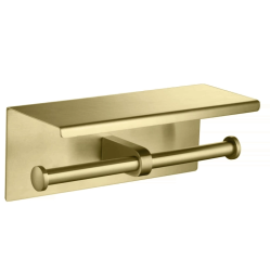 Держатель для туалетной бумаги Aquatek Оберон двойной, без крышки, с полкой, шлифованное золото, настенный, нержавеющая сталь, форма прямоугольная, для туалета/ванной, бумагодержатель