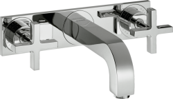 Смеситель для раковины Axor Citterio на 3 отверстия, двухвентильный, с крестообразными рукоятками, настенный, скрытого монтажа, фиксированный излив, длина излива 16,2 см, керамический, латунь, цвет хром, с панелью, с незапираемым сливным набором