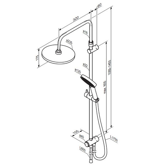 Душевой гарнитур Damixa Apollo высота 1055-1455 мм, цвет черный матовый, без смесителя, комплект: тропический душ (с верхней лейкой)/стойка/лейка/шланг, настенная, латунь/пластик