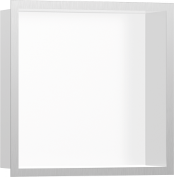 Полка Hansgrohe XtraStoris Individual 300/300/100, с дизайнерской рамой, размер 30х30х10 см, встраиваемая в нишу, форма прямоугольная, цвет матовый белый/шлифованная сталь, нержавеющая сталь, встроенная/настенная, шкаф/короб