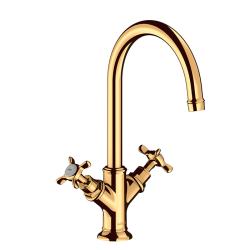 Смеситель для раковины Axor Montreux 210, двухвентильный, с крестообразными рукоятками, поворотный излив, длина излива 17,5 см, керамический, латунь, цвет: шлифованное золото, с незапираемым сливным набором